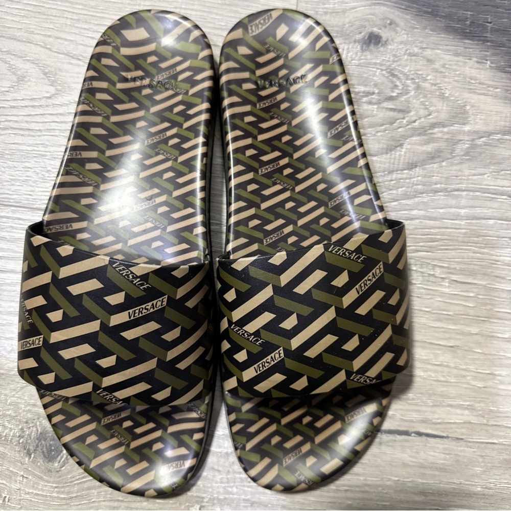 Versace Geometric Print Slides in Green and Tan- Size 12 all sales final